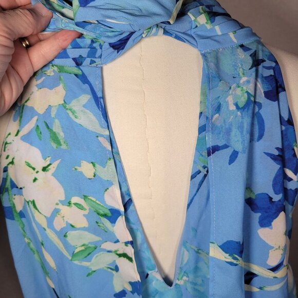 Adrianna Papell Blue Halter Tie Neck Floral Sleeveless Maxi Dress Size 16 - Picture 5 of 11